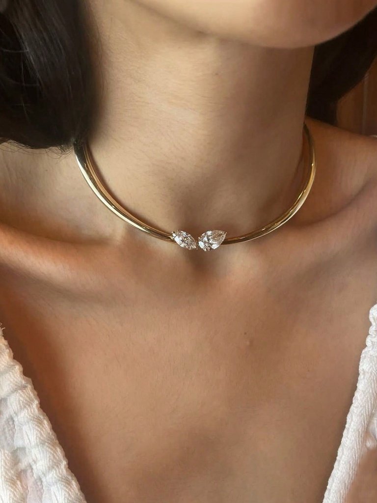 Gold Women's Minimalist Cubic Zirconia Waterdrop Choker Necklace